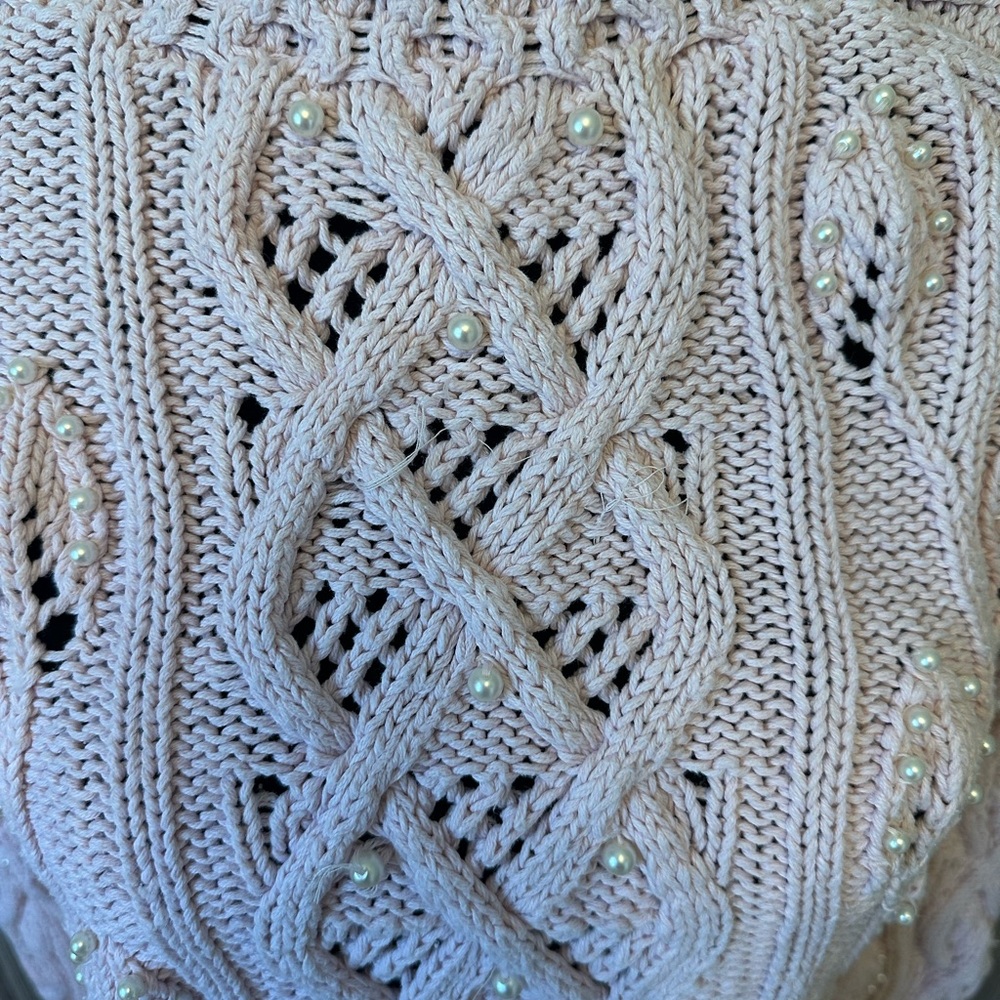Vintage Yarnworks Pearl Embellished Cable Knit Sweater Pink Cottagecore Medium - Picture 4 of 9